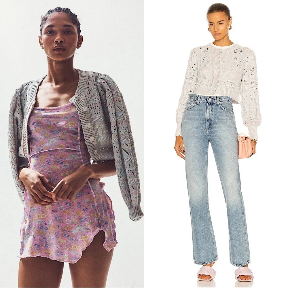 LOVESHACKFANCY Pastel Rainbow Star & Heart Pointelle‎ Cropped Cardigan Sweater L
